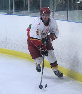 Evan Rivett of Lucknow controls the puck behind the Lucknow net